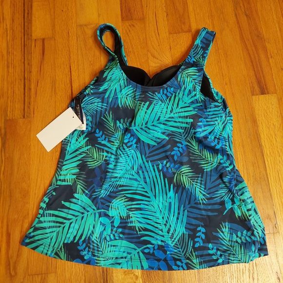 Swimsuits For All Green Blue Tropical Scoopneck Tankini Swim Top 10 NEW NWT - Picture 2 of 6
